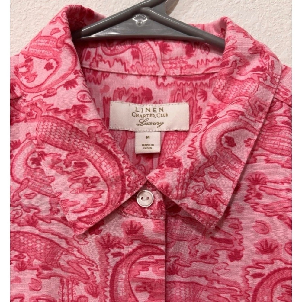 Charter Club Luxury Linen Pink Alligator Crocodile Print Button Down Shirt M - Picture 9 of 15